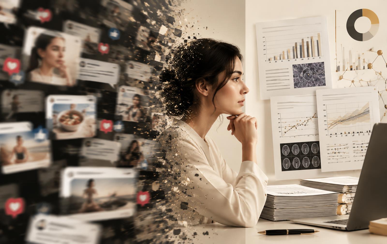 Blurred online claims dissolving into structured clinical research papers and charts