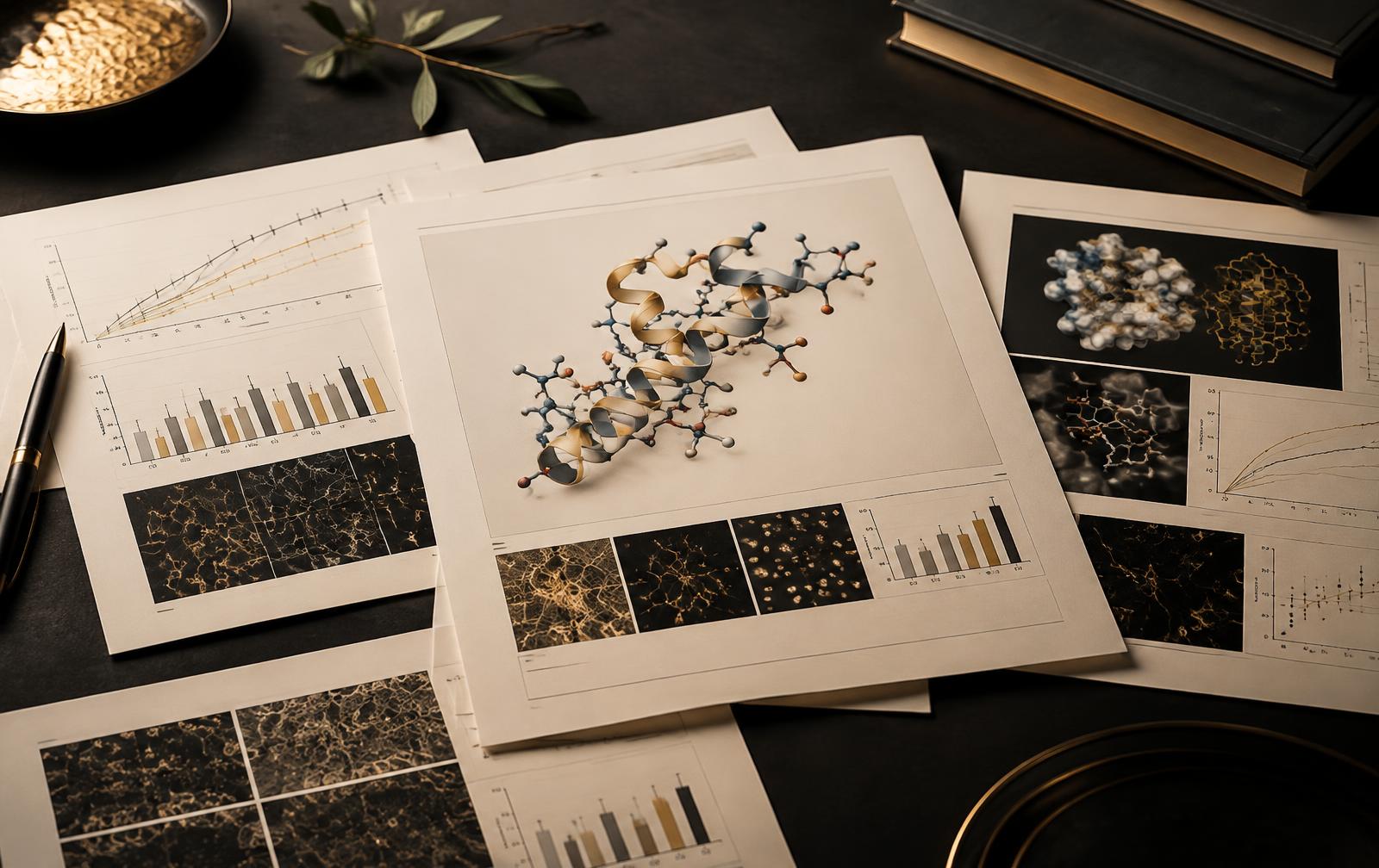 Scientific literature and molecular visualization arranged on a charcoal editorial desk