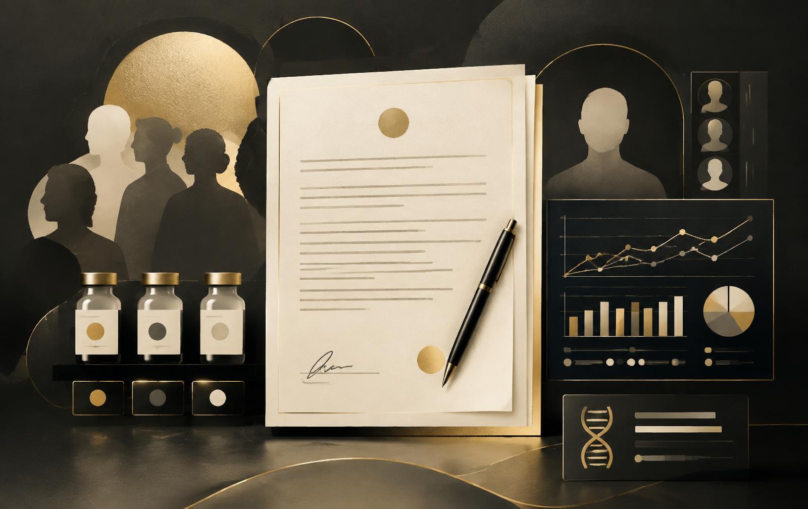 Clinical trial documents, participant silhouettes, and abstract data visualization