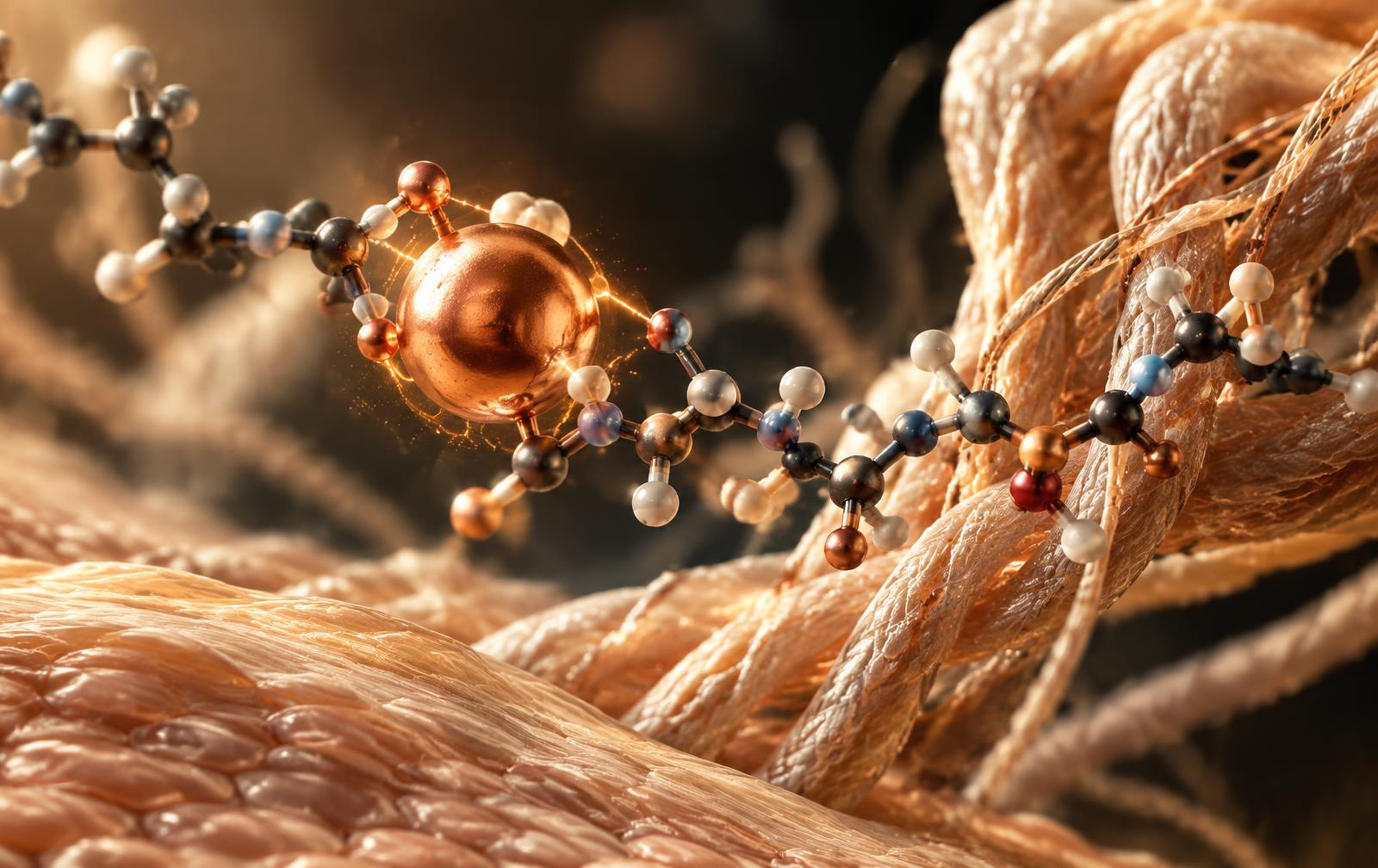 A copper ion interacting with peptide and collagen-like tissue structures