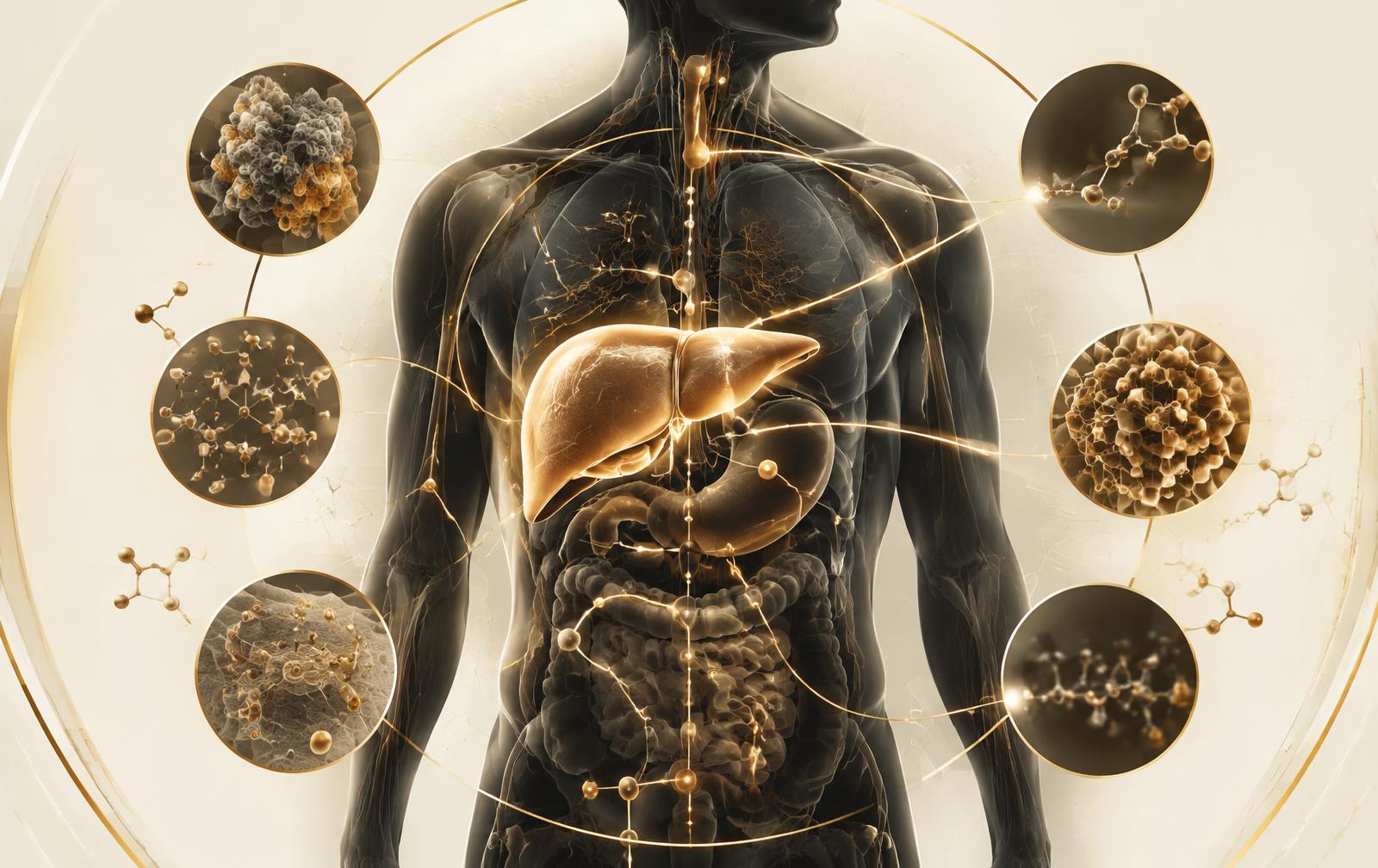 Liver-centered metabolic pathway visualization with anatomical and molecular elements