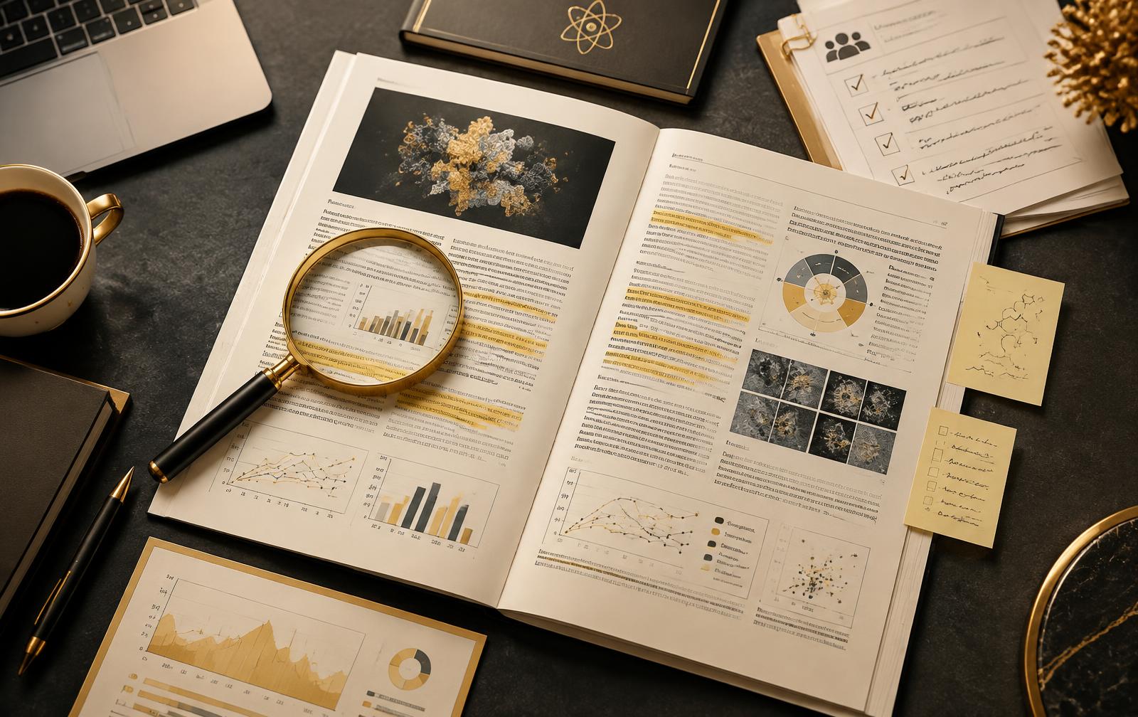 Research paper with highlighted sections and analytical charts on a charcoal desk