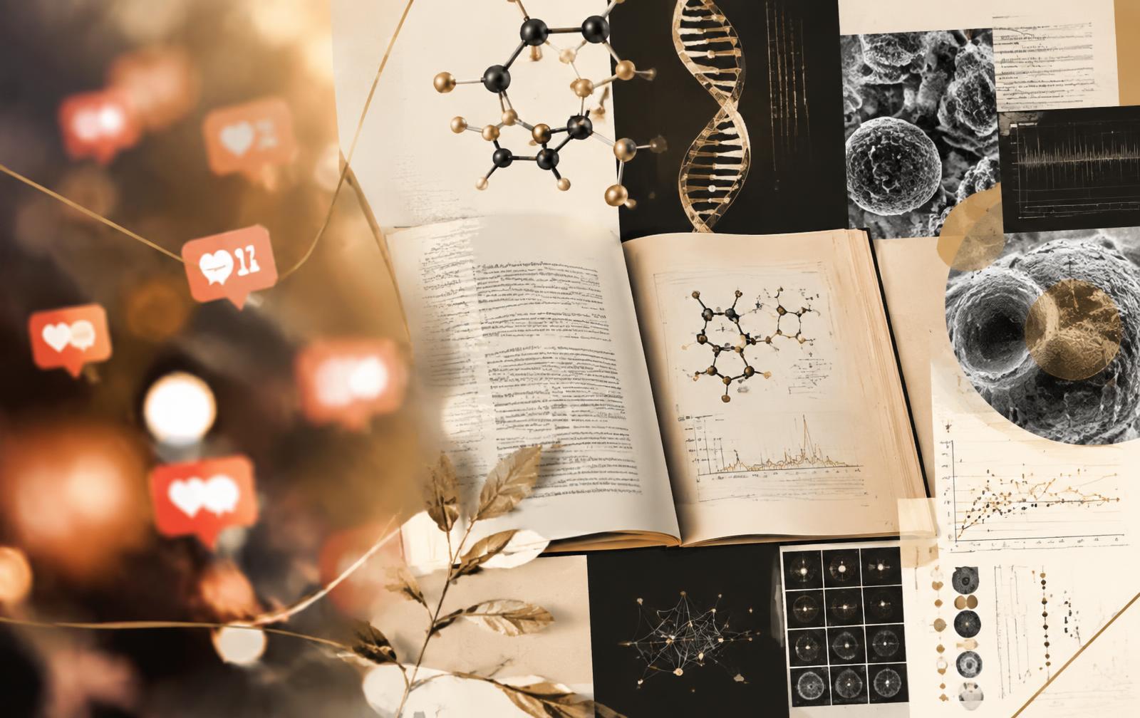 Social media noise transitioning into clean scientific literature and molecular diagrams
