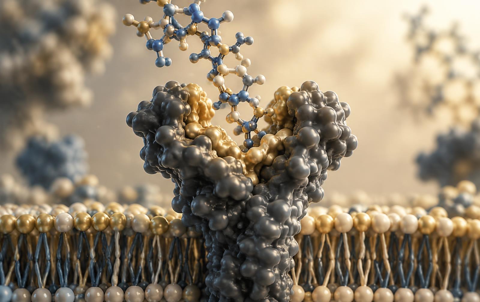 A peptide binding to a membrane receptor in a refined molecular visualization