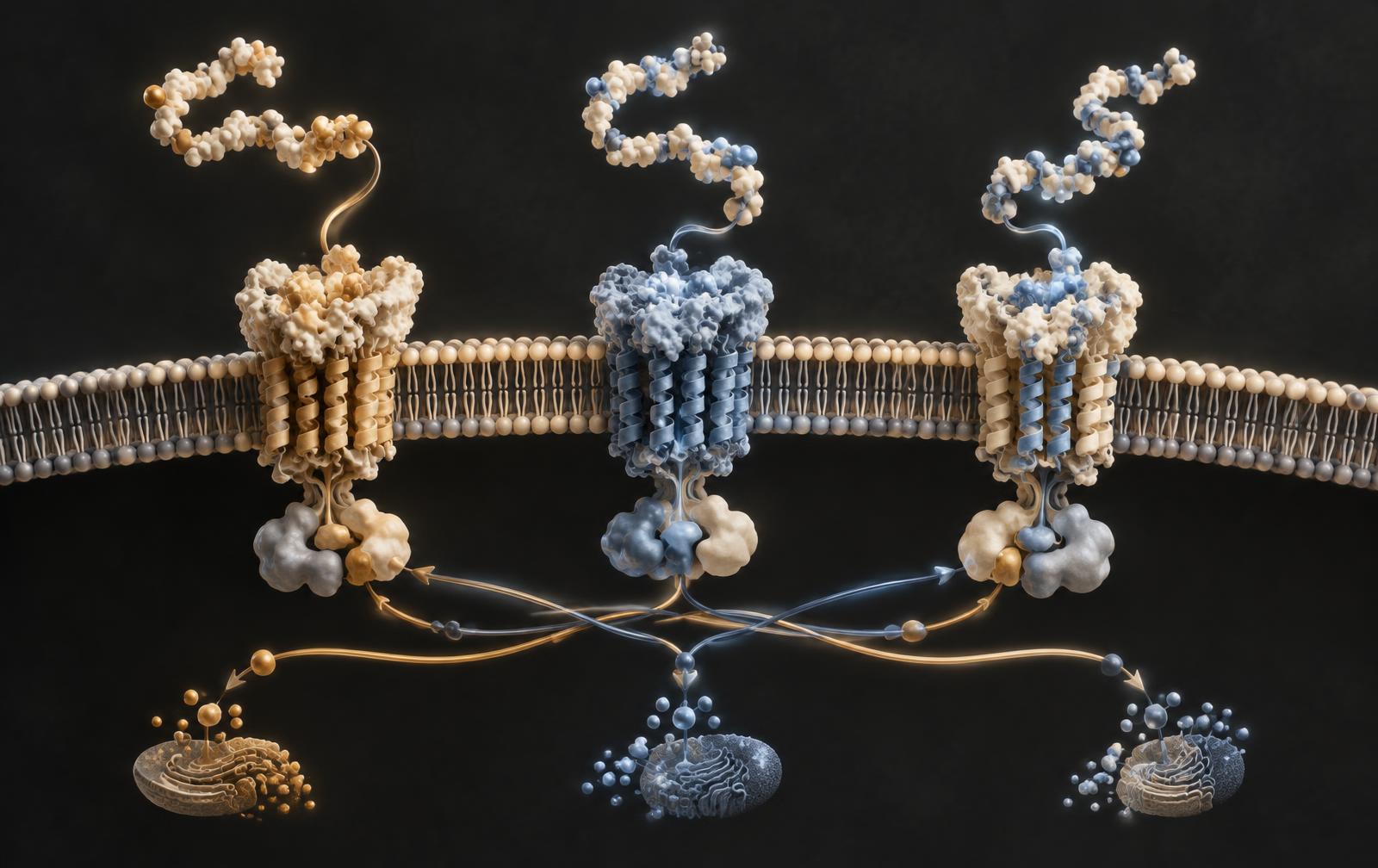 Three interconnected receptor structures representing GLP-1, GIP, and glucagon pathways