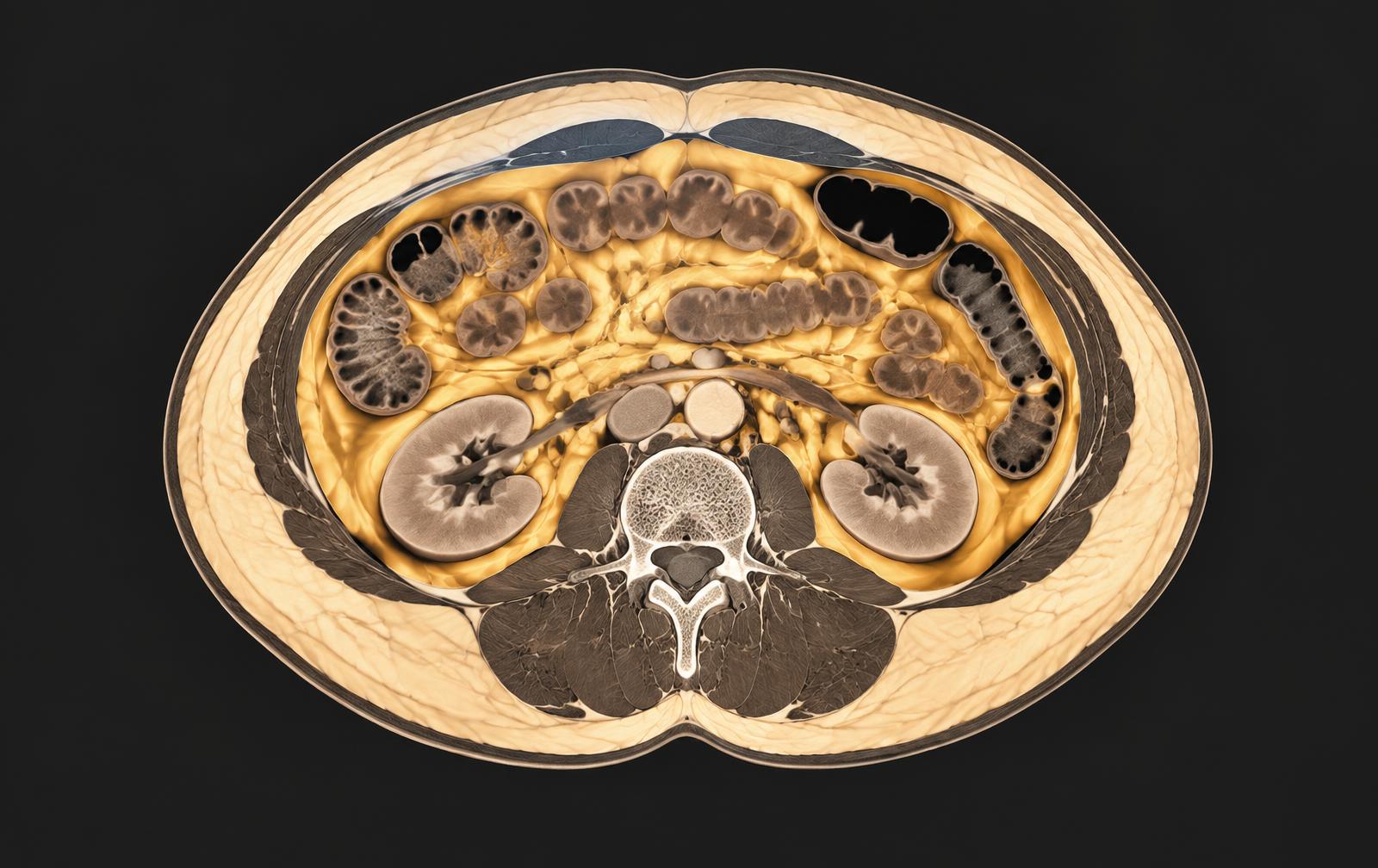 Axial abdominal anatomy showing distinct internal and external fat compartments