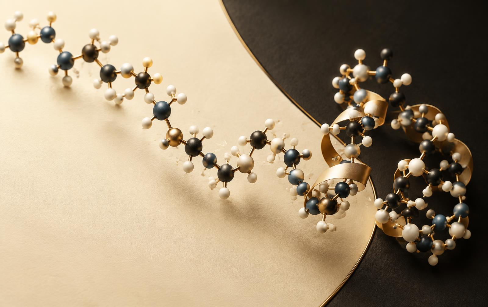 Amino-acid chains assembling into a peptide on cream and charcoal editorial surfaces